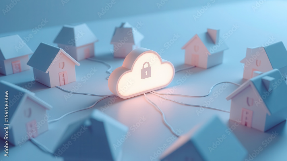 Poster secure cloud storage concept connecting multiple homes with a lock symbol in a digital environment
