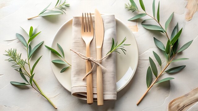 Elegant table setting with wooden cutlery linen napkin and green sprigs
