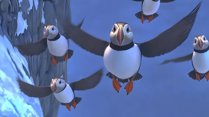 Animated puffins in flight near icy cliffs.  Puffins soar against a backdrop of frigid, snowy mountains.  Feathered creatures with vibrant orange feet and distinctive beaks