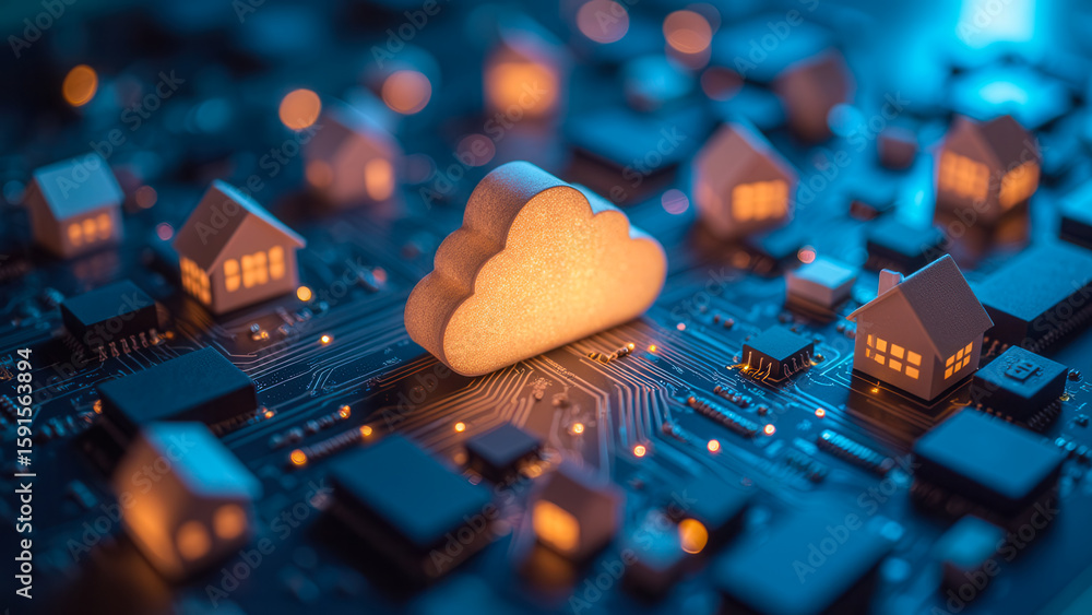 Poster cloud computing concept with digital homes and circuit board on blue background