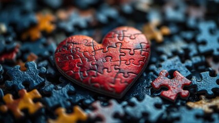 Red heart puzzle piece surrounded by scattered blue and orange jigsaw pieces symbolizing love connection with vibrant shapes and emotional bonding in close up macro shot texture - Powered by Adobe