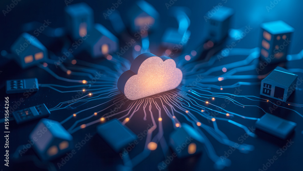 Poster cloud computing concept connecting digital homes with networks and data transfer innovations