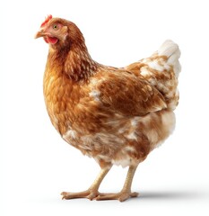 A brown chicken is currently standing upright on a white background