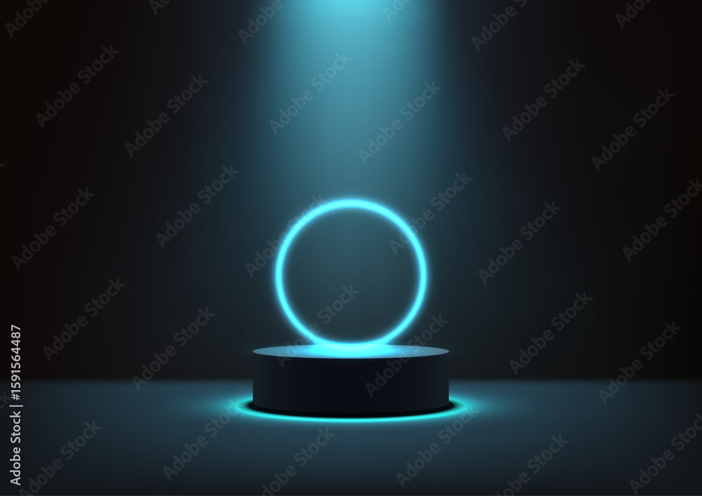 Poster technology podium with glowing blue neon ring on dark background 3d render abstract digital scene fo