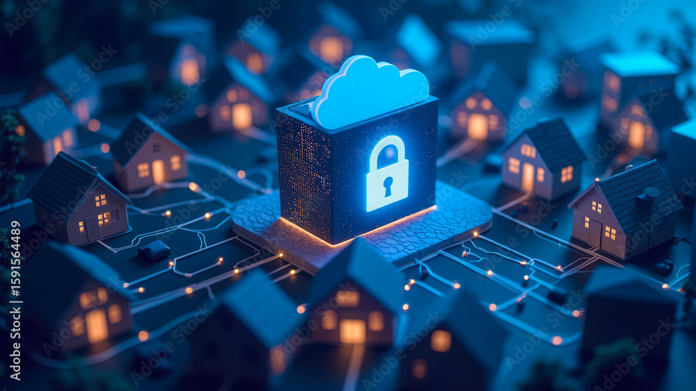Poster cloud computing security with lock symbol over cityscape showing network connections in night settin