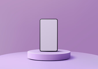 smartphone mockup on purple podium in minimal 3d design for product showcase and technology presentation isolated on light background