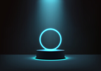 technology podium with glowing blue neon ring on dark background 3d render abstract digital scene for product display mockup concept in futuristic minimal style