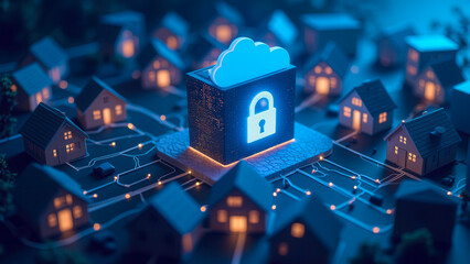 Obraz premium Cloud Computing Security With Lock Symbol Over Cityscape Showing Network Connections in Night Setting