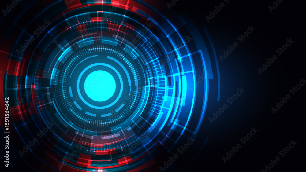 Poster futuristic hud interface with glowing blue and red concentric circles on a dark background showcasin