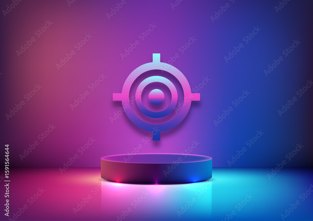 Poster futuristic technology concept with glowing gradient target icon hovering above 3d podium on vibrant 