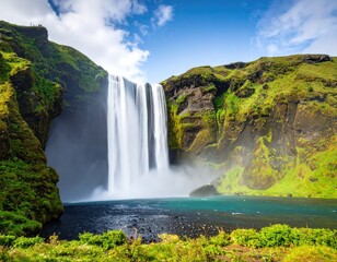 Majestic waterfall cascading into a turquoise pool, surrounded by lush green hills and a vibrant sky