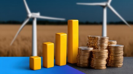Green energy investment Business growth concept with yellow bars and coins against a wind farm backdrop.