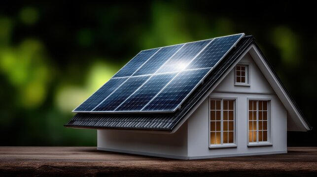 Green energy investment Modern house with solar panels, set against a blurred green background.
