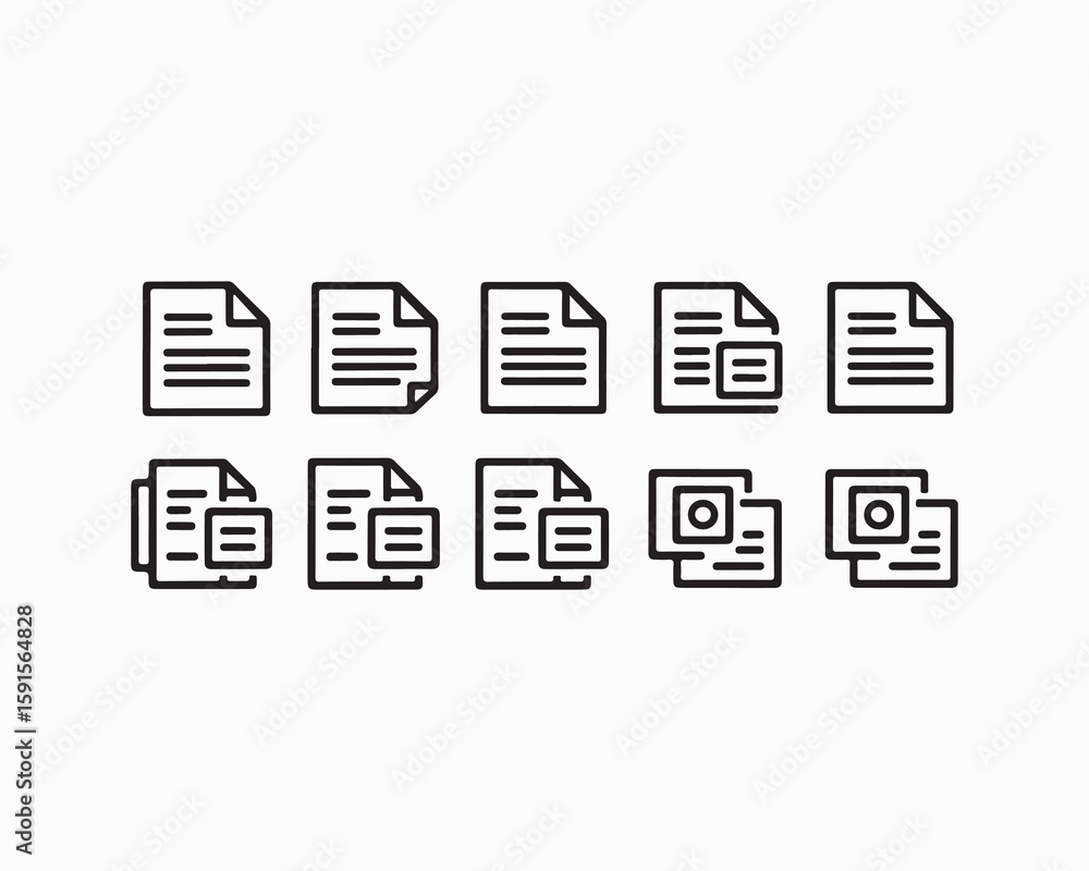 Fototapete ten document icons in a row showing various states of files with text and image representations in b