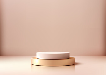 luxury minimal product display mockup with pink podium on glossy gold base in warm brown background for cosmetic branding promotion 3d render scene showcase