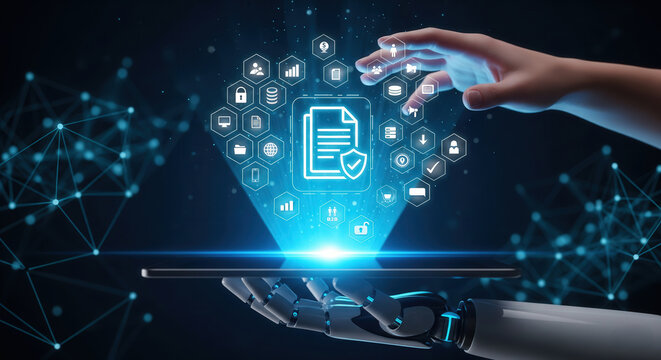Robotic hand and human hand interact with a digital tablet, displaying secure document icons and data management symbols, representing advanced technology and cybersecurity.