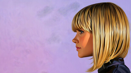 Profile of a young girl with short blonde hair, against a purple background.  Digital portrait of a child