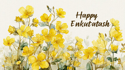 Watercolor illustration of yellow daisies and leaves with Happy Enkutatash text symbolizing Ethiopian New Year celebration