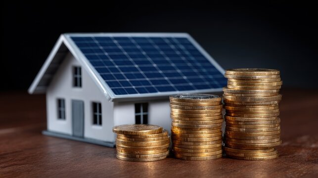 Green energy investment Model house with solar panels beside stacks of coins representing renewable energy investment.