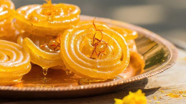 Vibrant golden-yellow jalebis on a copper-toned plate, glistening with sugary syrup, adorned with saffron strands, set against a soft wooden background with yellow petals, 