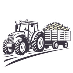 Tractor hauling hay bales in a field trailer