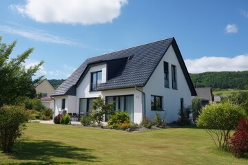 A white house with a black roof on a lush green lawn