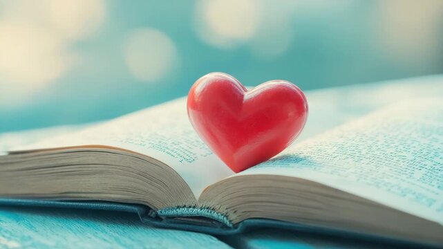 Open book with red heart shape on pages symbolizing love knowledge education and symbol of reading with warm light and soft focus background creating peaceful inspiring atmosphere