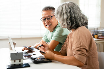 Happy senior couple using laptop counting taxes refund receipts to save money at home. Old man and...