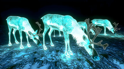 Glowing reindeer herd grazing in a frosted landscape.  Light-blue outlines of three reindeer, their antlers detailed, are visible against a dark background.  The ground is a frosted, icy blue