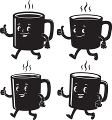 Obraz premium Four cartoon coffee cups with faces and thumbs up silhouette