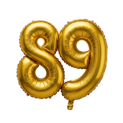 Golden foil balloon number 89 on transparent background