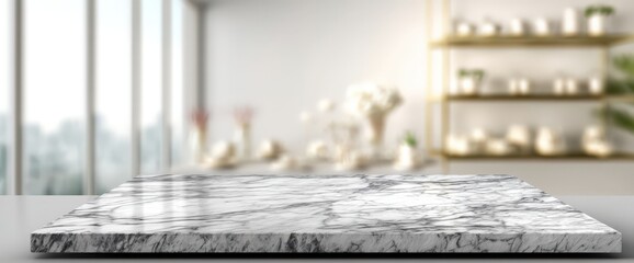 A marble counter top with a lovely vase of flowers behind it