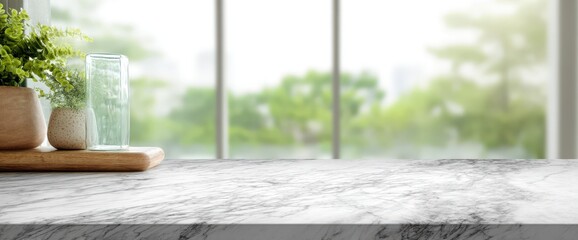A marble counter top with a lovely vase of flowers behind it