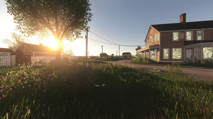 Sunrise over a quiet rural street with old houses and wildflowers.  A small, idyllic town at dawn