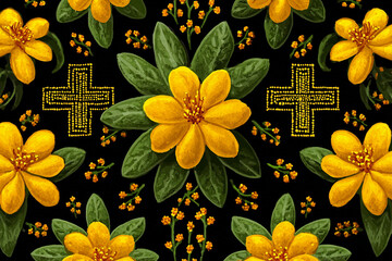 Adey Abeba and Cross Motif attern of yellow Adey Abeba flowers and traditional Ethiopian crosses on black background symbolizing Enkutatash celebration