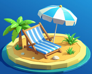 Low Poly Tropical Island Scene with Beach Chair Palm Tree and Umbrella on Blue Background