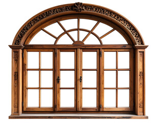 Arched Wooden Window Frame with Ornate Trim, Front View, Classic Vintage Style, isolated on transparent background