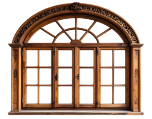 Arched Wooden Window Frame with Ornate Trim, Front View, Classic Vintage Style, isolated on transparent background