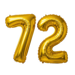 Golden foil balloons shaped as number 72 on transparent background