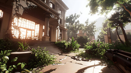Sun-drenched, overgrown, abandoned building with broken windows and cracked pavement. Lush vegetation surrounds the decaying structure