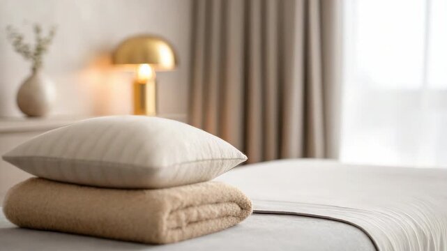 Soft pillow and beige towel bed with warm lamp light cozy bedroom