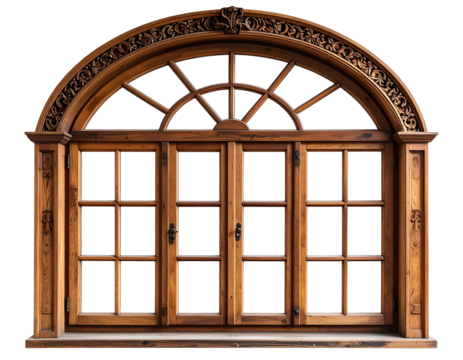Arched Wooden Window Frame with Ornate Trim, Front View, Classic Vintage Style, isolated on transparent background
