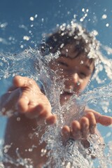 Obraz premium Cheerful boy splashing water, sunlight gleaming, capturing pure childhood joy and playful summer moment