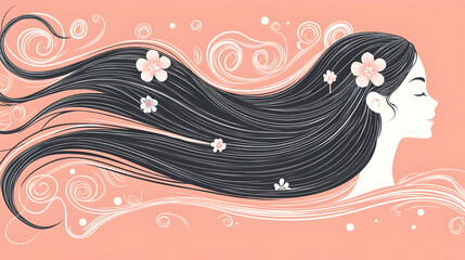 Elegant woman with long flowing black hair adorned with delicate pink flowers,  swirling in a light peach background