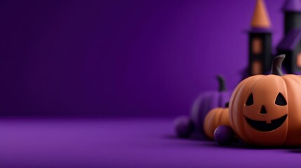 3D illustration of Halloween theme banner with group of Jack O Lantern pumpkin and paper graphic style of castle on background. A spooky autumn digital artwork featuring carved gourds and