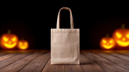 A blank tote bag displayed in front of a spooky Halloween setup with glowing jack o lanterns spider decorations and cobwebs. The scene creates a festive and eerie backdrop perfect