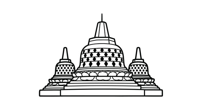 Ancient Borobudur Temple Indonesia Relaxing Line Art Adult Coloring Page Design