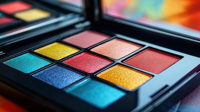 Colorful eyeshadow palette featuring vibrant blue, red, gold, and peach shades with shimmer for bold makeup looks and artistic cosmetic expression in sleek black compact case