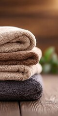 Stacked Soft Beige and Brown Cotton Towels on a Wooden Table for a Clean Spa and Wellness Concept