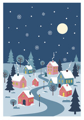 Fototapeta premium Colorful winter village with snow and full moon at night 